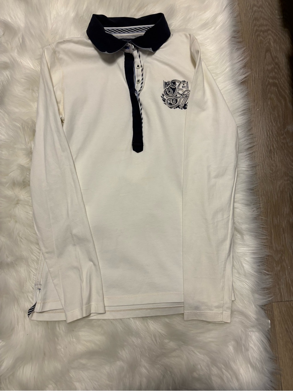 Tommy Hilfiger‎ Cream Long Sleeve Polo with Navy Trim